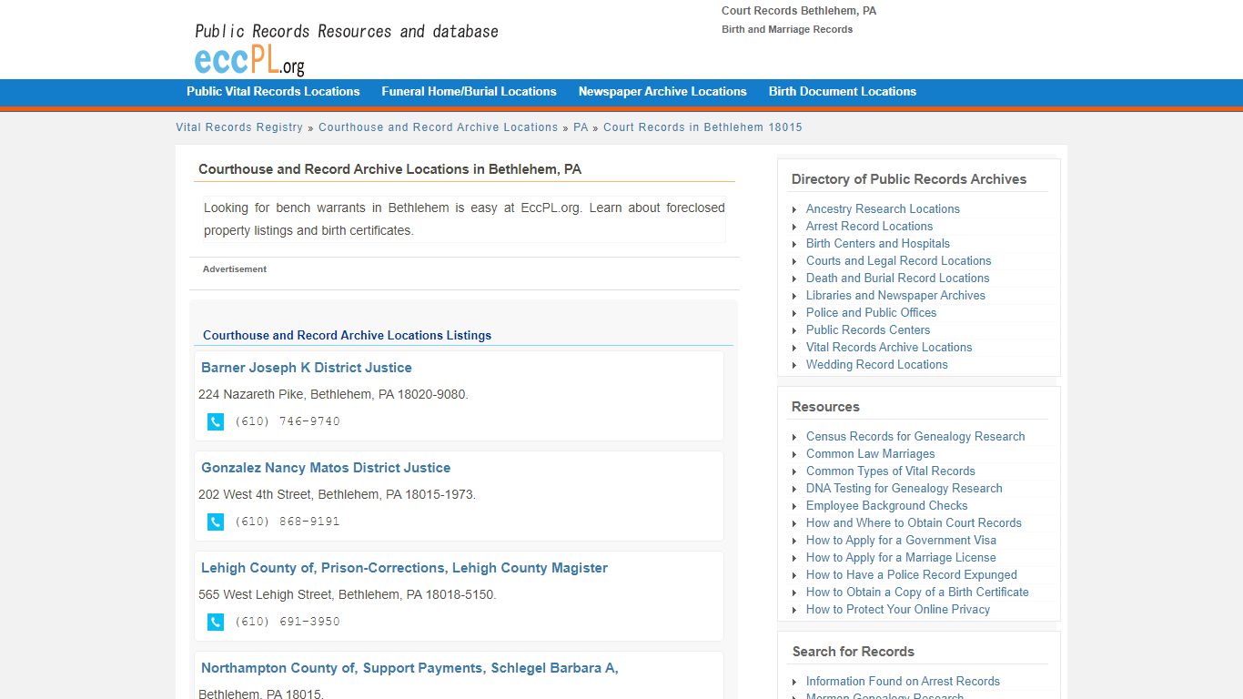 Court Records Bethlehem, PA - Birth and Marriage Records - EccPL.org